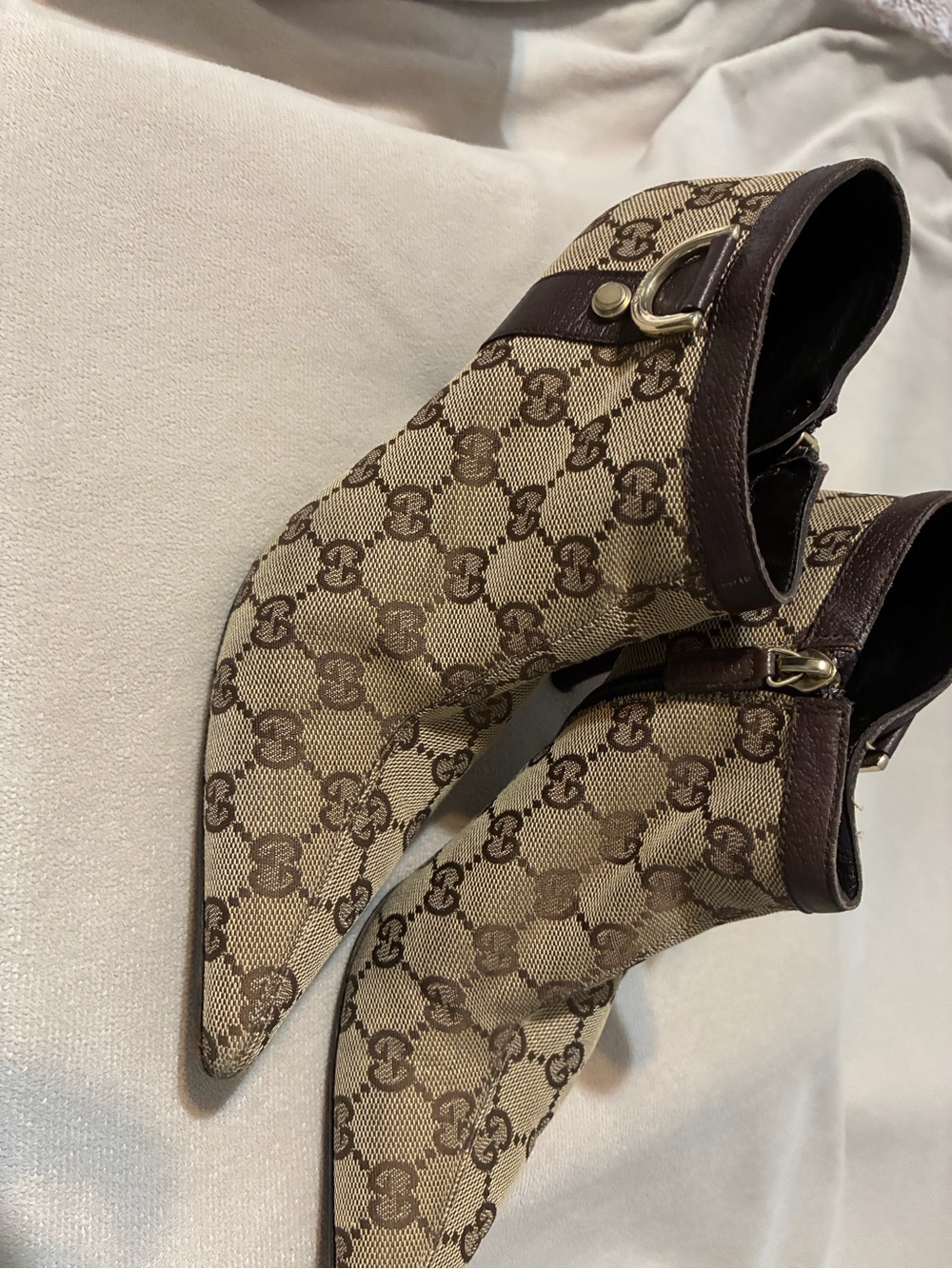 Gucci Brown & Beige GG Monogram Pointed Ankle Booties, US Size 8